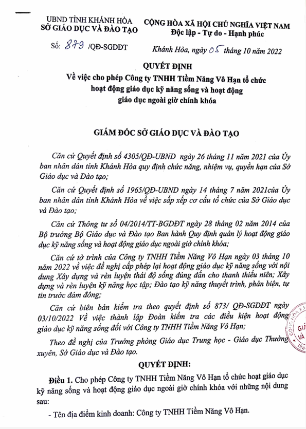 Giấy phép Đào tạo UPO ở Khánh Hoà