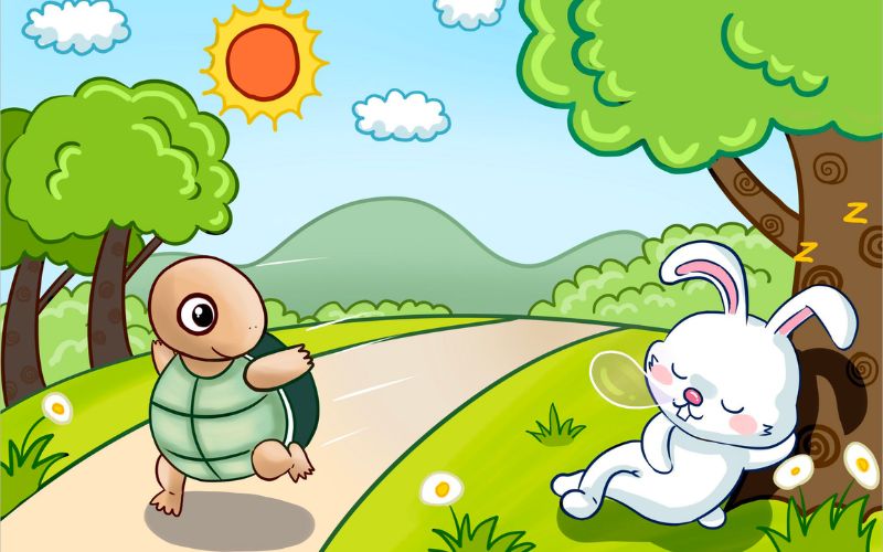 Kể chuyện tư duy cho bé - 28 câu chuyện nhân văn nhất! 13 Thỏ quá chủ quan rằng mình chạy nhanh và bỏ xa Rùa nên Thỏ đã nghỉ lại dưới gốc cây và ngủ, trong lúc đó Rùa vẫn dốc hết sức chạy và về đích