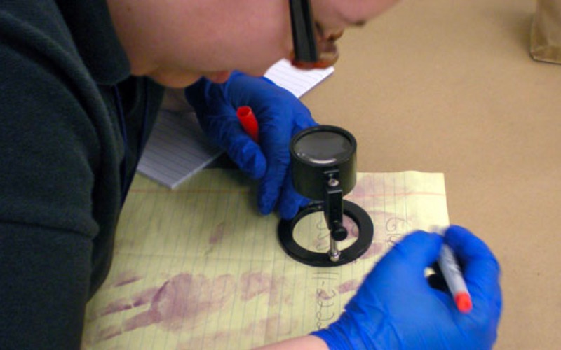 Phun Ninhydrin lên bền mặt nghi ngờ có dấu vân tay, nó sẽ tác dụng với các amino acid có trong vân tay và tạo thành phản ứng màu tím hoặc màu đỏ