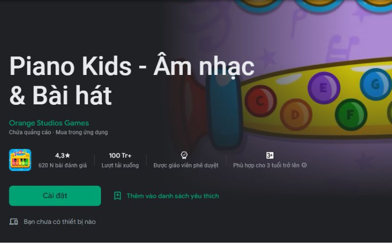 Giao diện tải xuống của ứng dụng Piano Kids