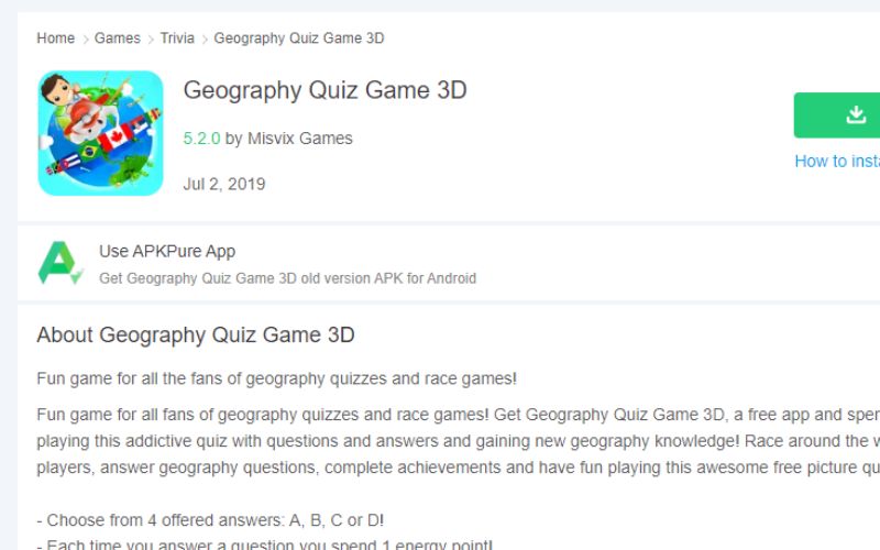 Geography Quiz Game 3D xoay quanh các câu đố về địa lý