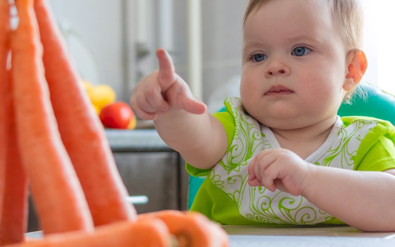 Bé 10 -12 tháng tuổi có thể chỉ ngón tay, di chuyển một số đồ vật vừa sức, nhặt đồ vật, ngồi lâu hơn